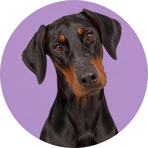 Retrato de cachorro da raça Doberman com leve inclinação da cabeça em fundo lilás
