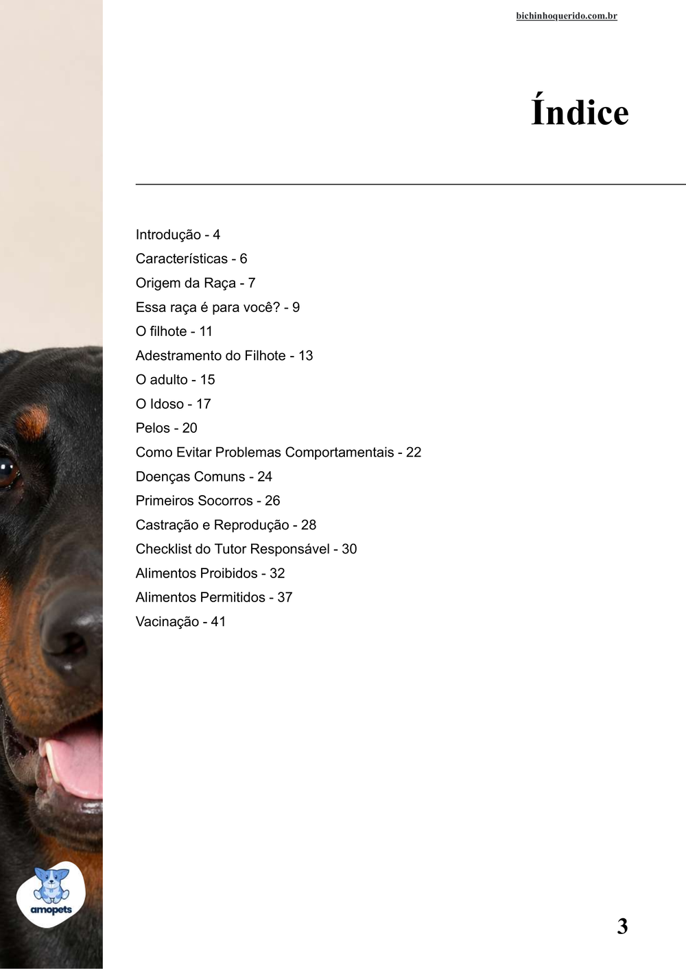 índice do e-book Guia de Como Cuidar do Doberman