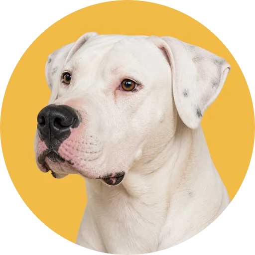 Retrato em ângulo três quartos de cachorro da raça Dogo Argentino em fundo mostarda