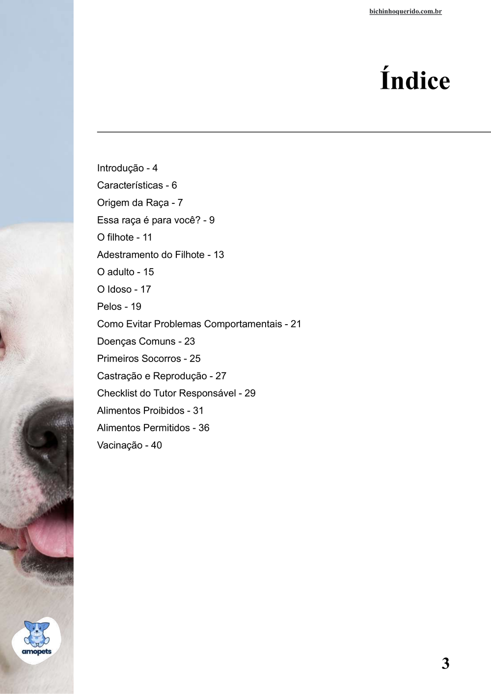 índice do e-book Guia de Como Cuidar do Dogo Argentino