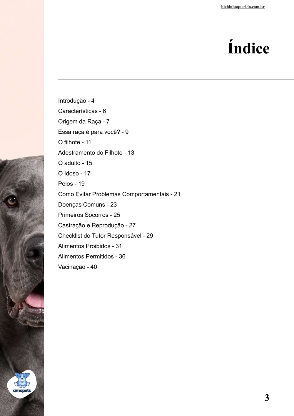 índice do e-book Guia de Como Cuidar do Dogue Alemão