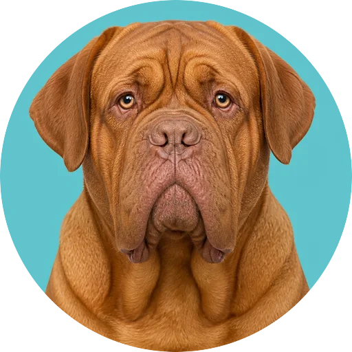 Retrato frontal de cachorro da raça Dogue de Bordeaux em fundo turquesa