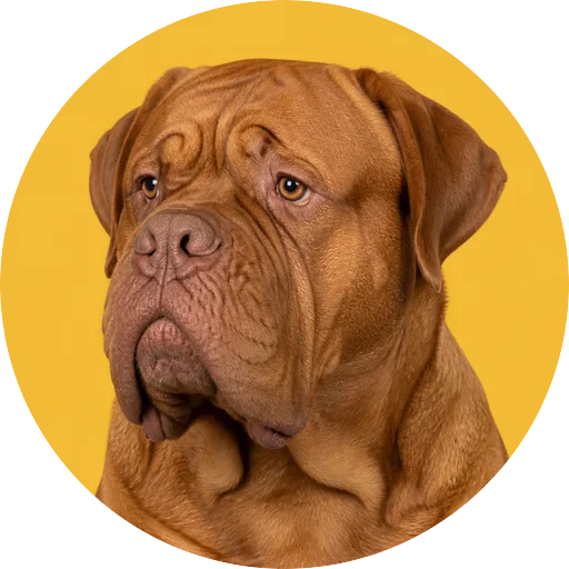 Retrato em ângulo três quartos de cachorro da raça Dogue de Bordeaux em fundo mostarda