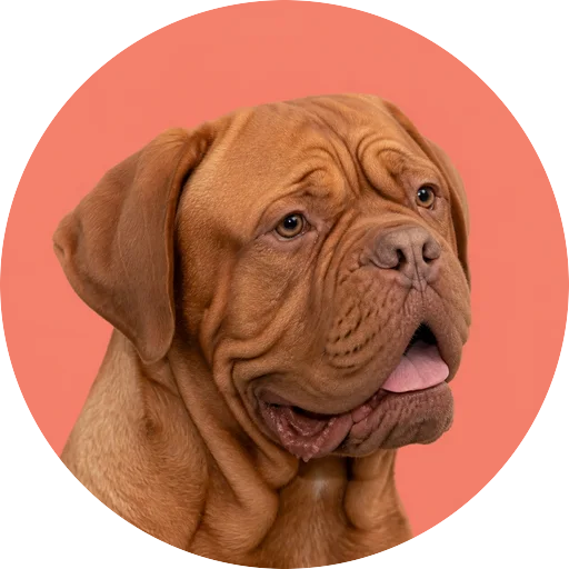 Retrato em ângulo três quartos de cachorro da raça Dogue de Bordeaux em fundo coral