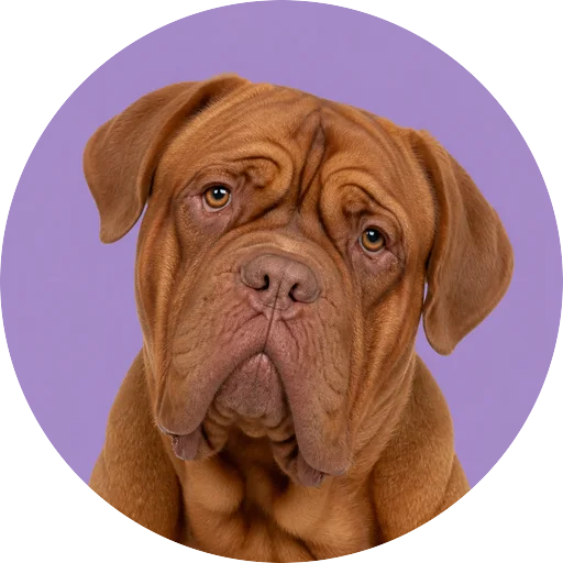 Retrato de cachorro da raça Dogue de Bordeaux com leve inclinação da cabeça em fundo lilás