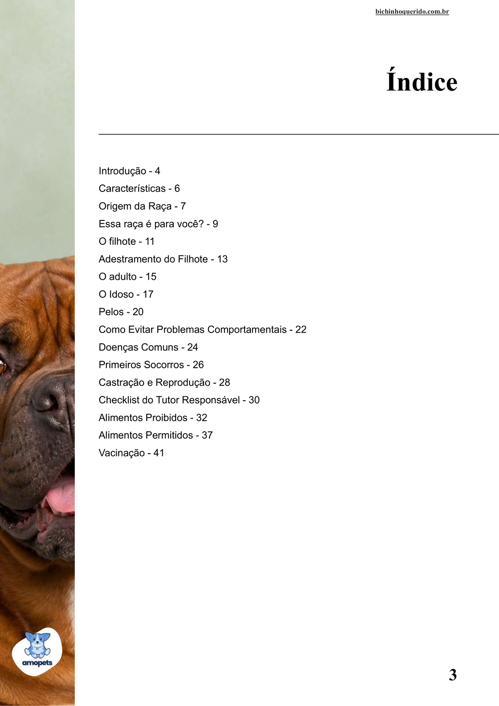 índice do e-book Guia de Como Cuidar do Dogue de Bordeaux