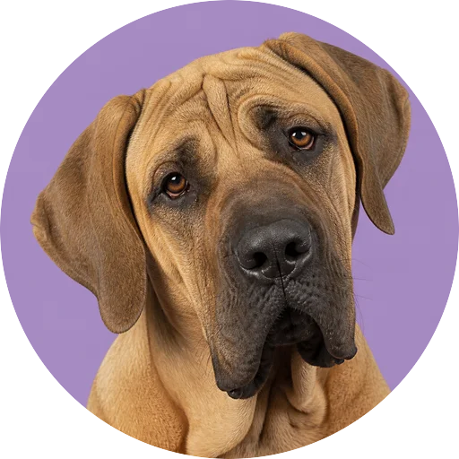 Retrato de cachorro da raça Fila Brasileiro com leve inclinação da cabeça em fundo lilás