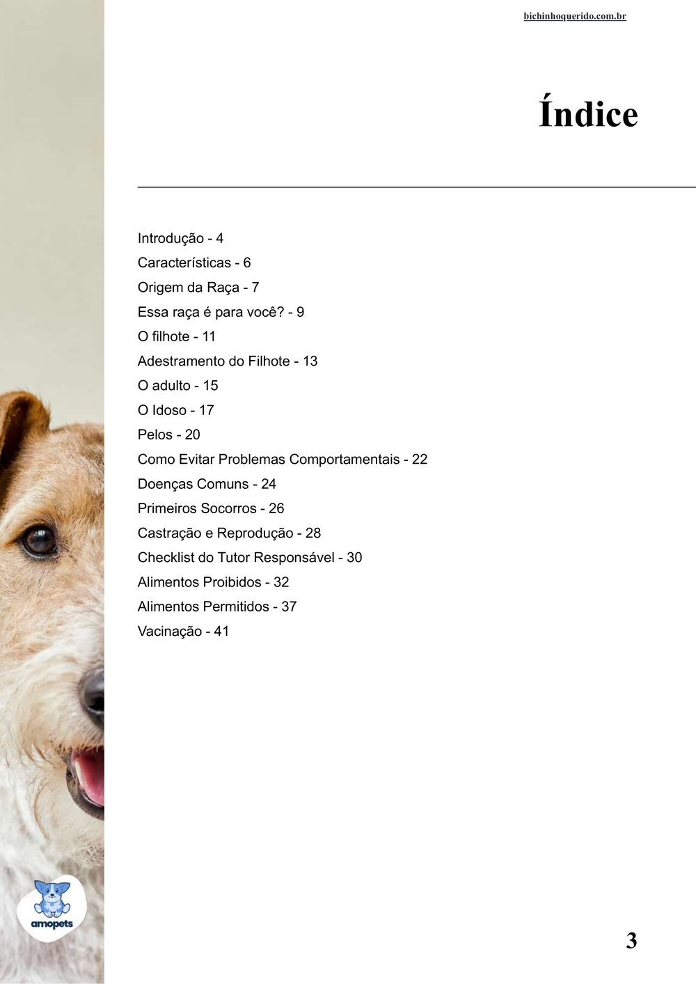 índice do e-book Guia de Como Cuidar do Fox Terrier de Pelo Duro