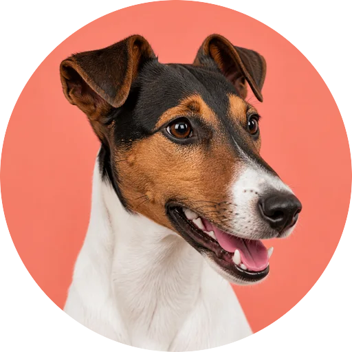 Retrato em ângulo três quartos de cachorro da raça Fox Terrier de Pelo Liso em fundo coral