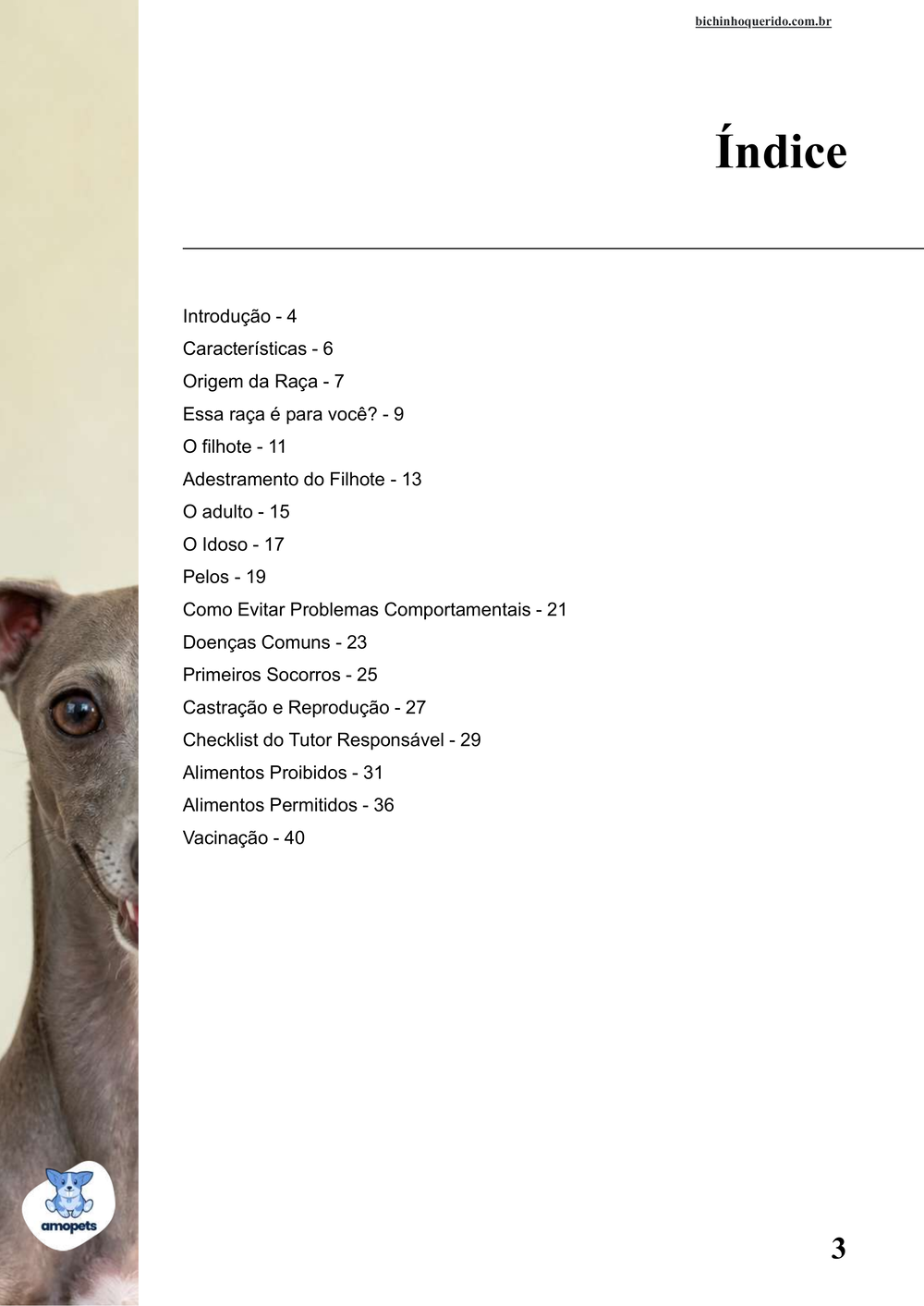 índice do e-book Guia de Como Cuidar do Galgo Italiano
