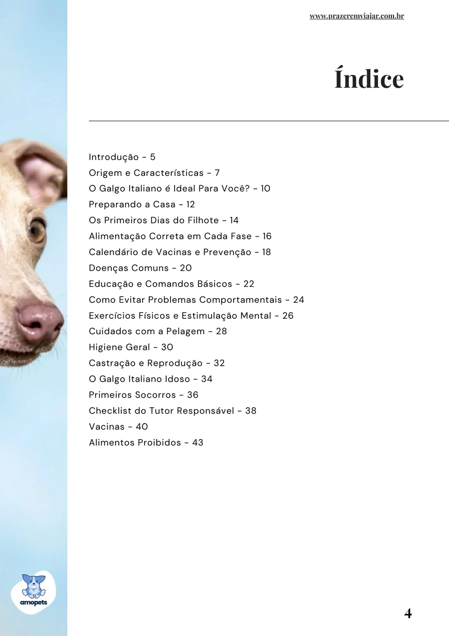 página interna do e-book Guia de Como Cuidar do Galgo Italiano