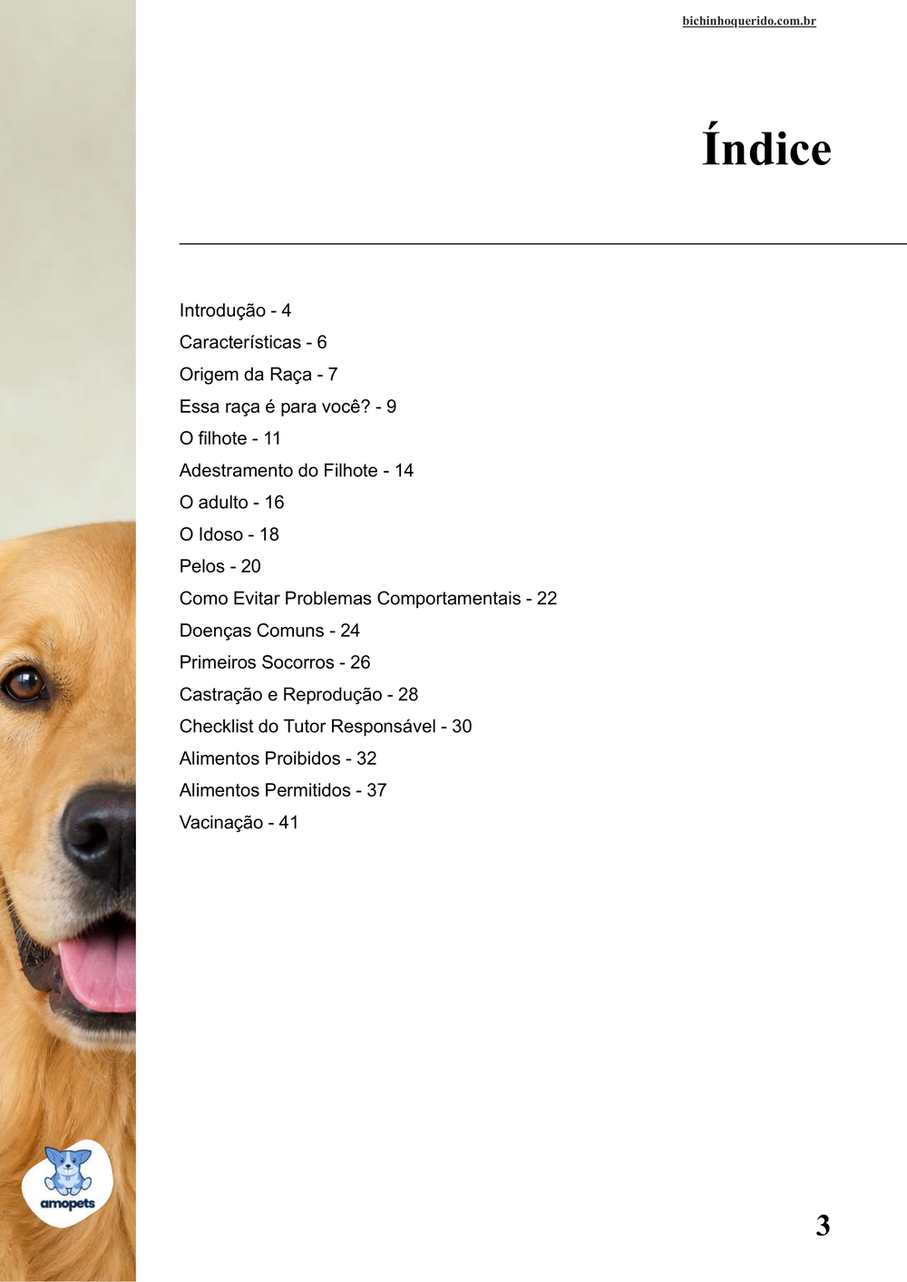 índice do e-book Guia de Como Cuidar do Golden Retriever