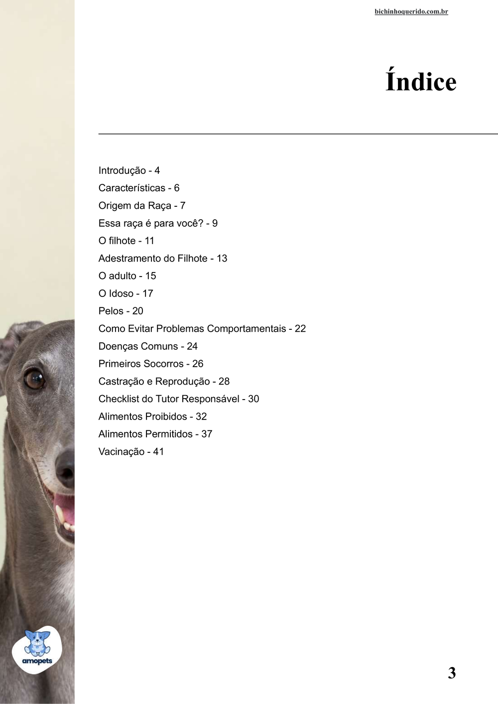 índice do e-book Guia de Como Cuidar do Greyhound