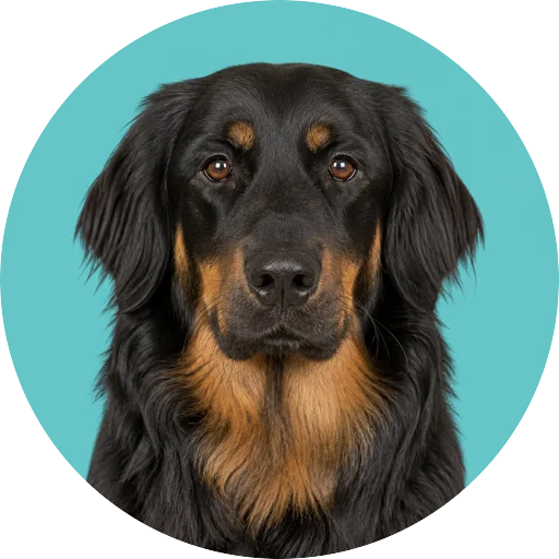 Retrato frontal de cachorro da raça Hovawart em fundo turquesa