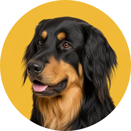 Retrato em ângulo três quartos de cachorro da raça Hovawart em fundo mostarda