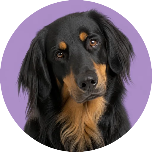 Retrato de cachorro da raça Hovawart com leve inclinação da cabeça em fundo lilás