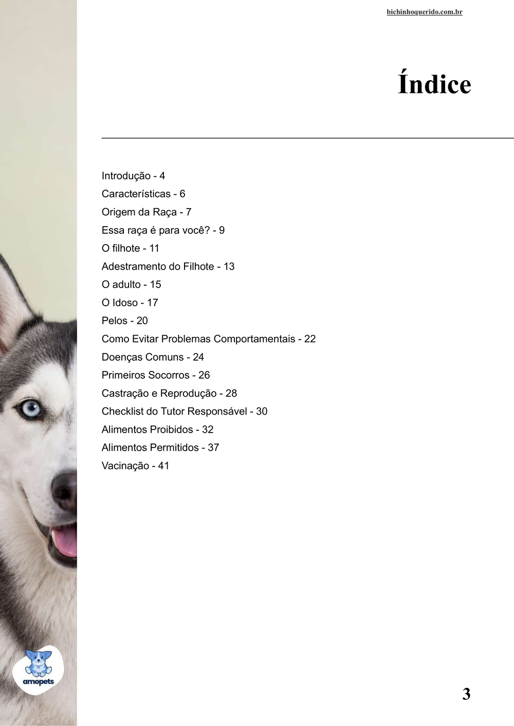 índice do e-book Guia de Como Cuidar do Husky Siberiano
