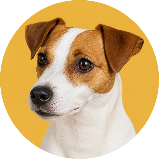 Retrato em ângulo três quartos de cachorro da raça Jack Russell Terrier em fundo mostarda