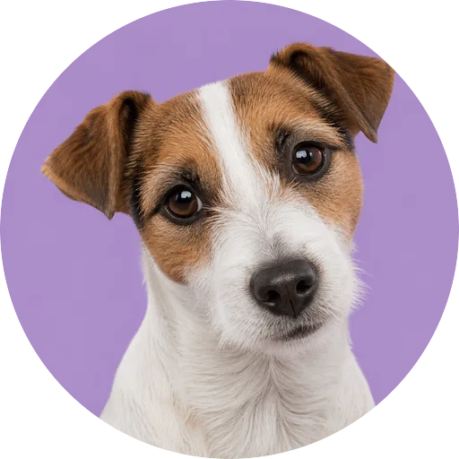Retrato de cachorro da raça Jack Russell Terrier com leve inclinação da cabeça em fundo lilás