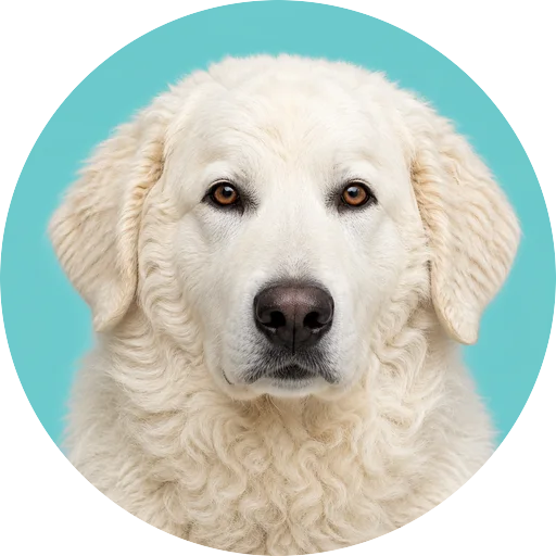 Retrato frontal de cachorro da raça Kuvasz em fundo turquesa