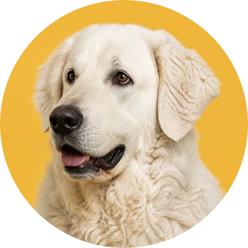 Retrato em ângulo três quartos de cachorro da raça Kuvasz em fundo mostarda