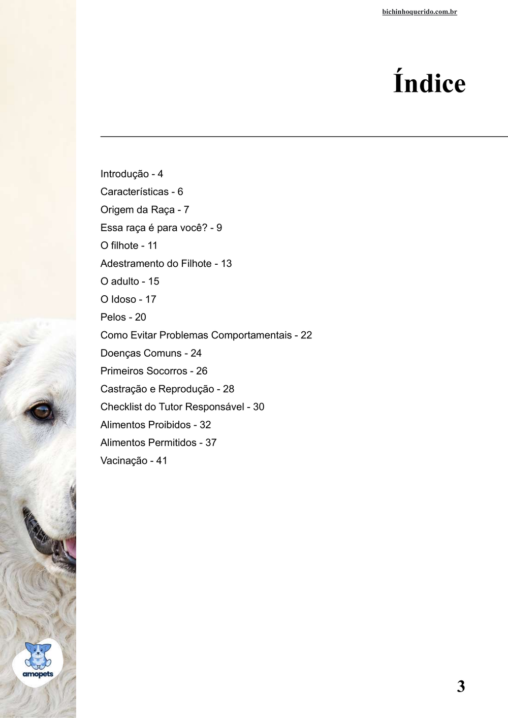 índice do e-book Guia de Como Cuidar do Kuvasz