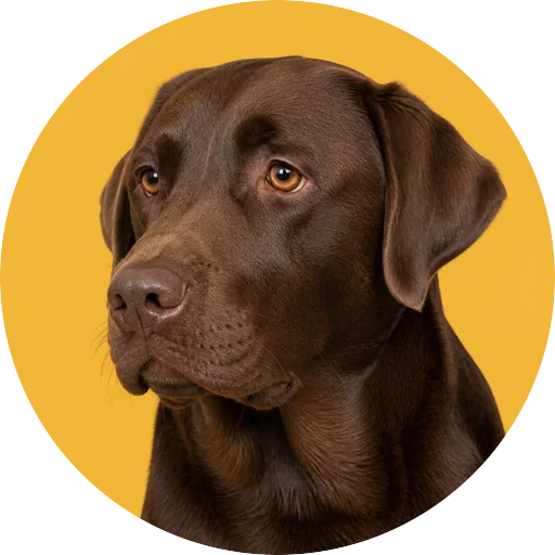 Retrato em ângulo três quartos de cachorro da raça Labrador Retriever em fundo mostarda