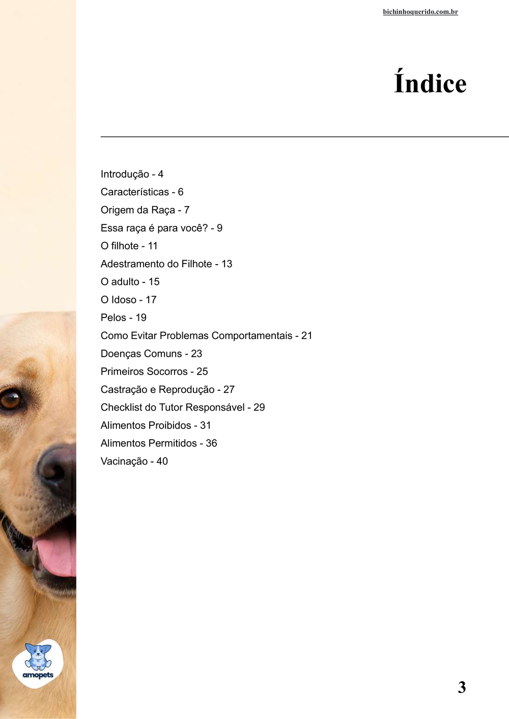 índice do e-book Guia de Como Cuidar do Labrador Retriever