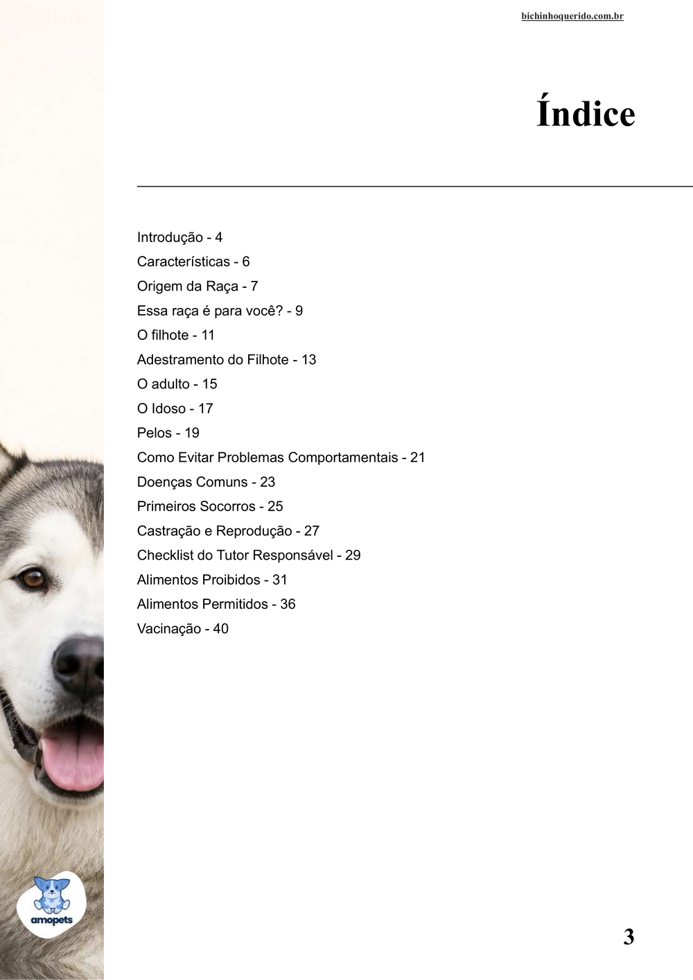 índice do e-book Guia de Como Cuidar do Malamute do Alasca