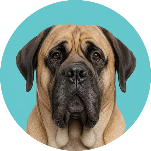 Retrato frontal de cachorro da raça Mastiff em fundo turquesa