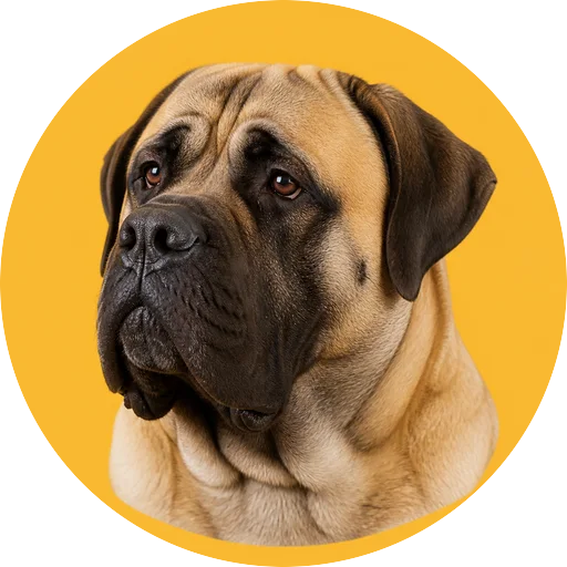 Retrato em ângulo três quartos de cachorro da raça Mastiff em fundo mostarda