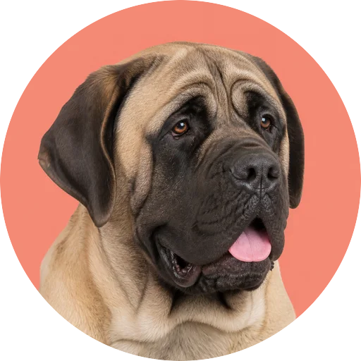 Retrato em ângulo três quartos de cachorro da raça Mastiff em fundo coral