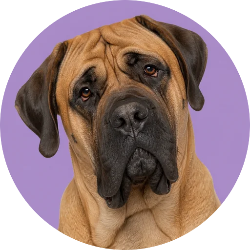 Retrato de cachorro da raça Mastiff com leve inclinação da cabeça em fundo lilás