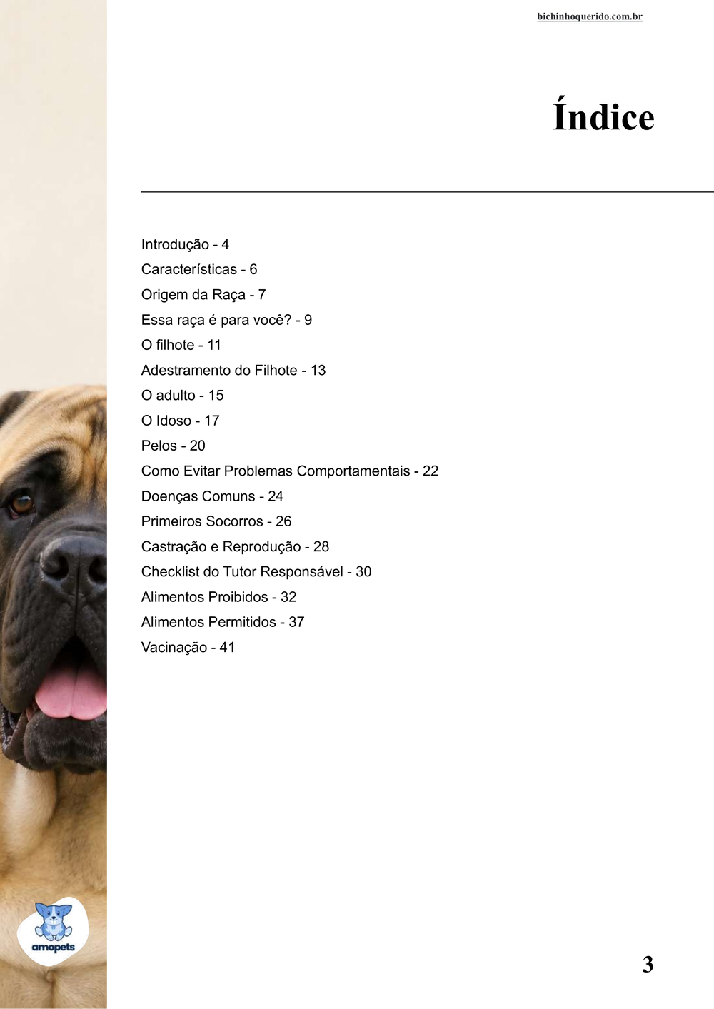 índice do e-book Guia de Como Cuidar do Mastiff