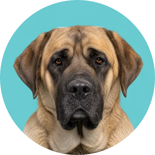Retrato frontal de cachorro da raça Mastim Espanhol em fundo turquesa