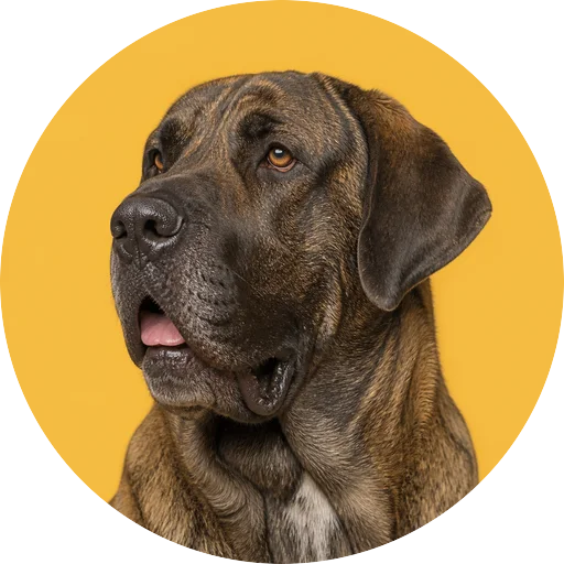 Retrato em ângulo três quartos de cachorro da raça Mastim Espanhol em fundo mostarda