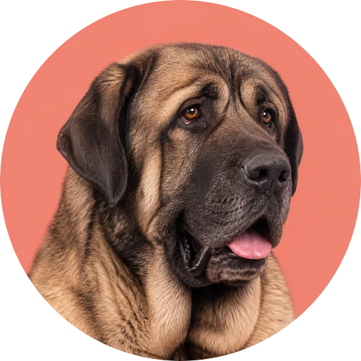 Retrato em ângulo três quartos de cachorro da raça Mastim Espanhol em fundo coral