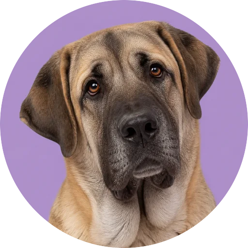 Retrato de cachorro da raça Mastim Espanhol com leve inclinação da cabeça em fundo lilás