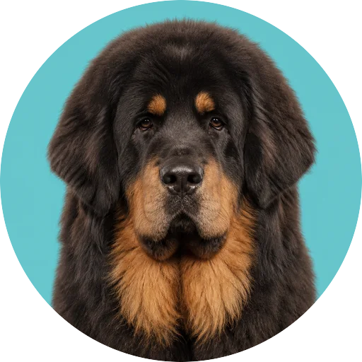 Retrato frontal de cachorro da raça Mastim Tibetano em fundo turquesa