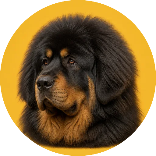Retrato em ângulo três quartos de cachorro da raça Mastim Tibetano em fundo mostarda