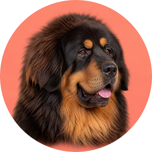 Retrato em ângulo três quartos de cachorro da raça Mastim Tibetano em fundo coral