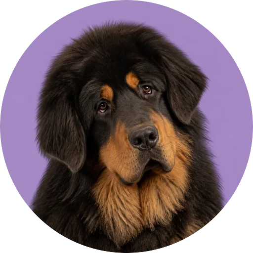 Retrato de cachorro da raça Mastim Tibetano com leve inclinação da cabeça em fundo lilás