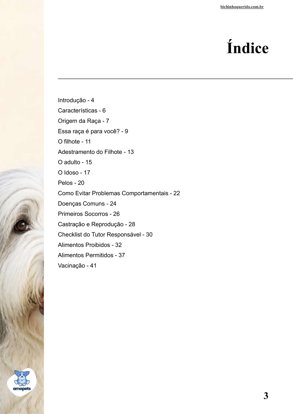 índice do e-book Guia de Como Cuidar do Old English Sheepdog