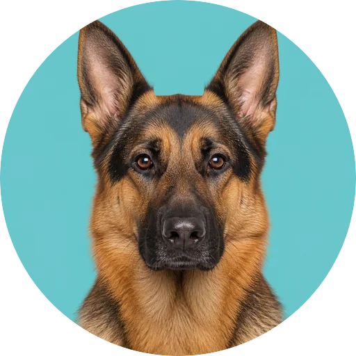 Retrato frontal de cachorro da raça Pastor Alemão em fundo turquesa