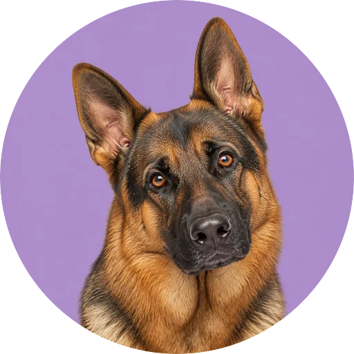 Retrato de cachorro da raça Pastor Alemão com leve inclinação da cabeça em fundo lilás