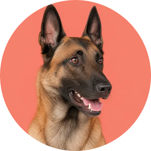 Retrato em ângulo três quartos de cachorro da raça Pastor Belga em fundo coral