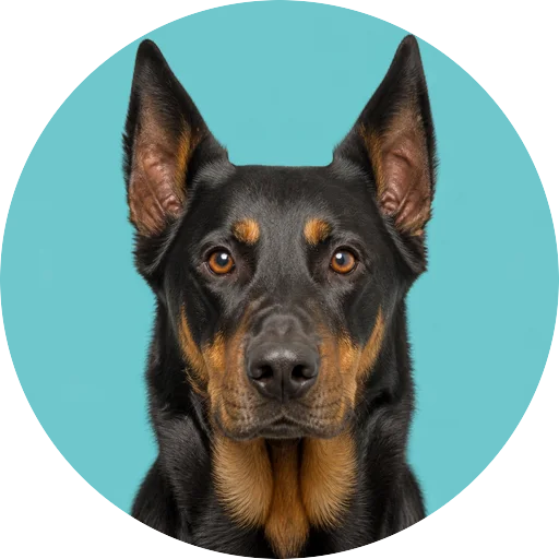 Retrato frontal de cachorro da raça Pastor de Beauce em fundo turquesa