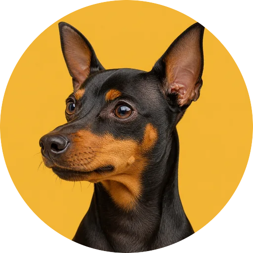 Retrato em ângulo três quartos de cachorro da raça Pinscher em fundo mostarda