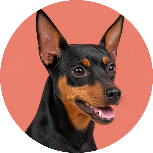 Retrato em ângulo três quartos de cachorro da raça Pinscher em fundo coral