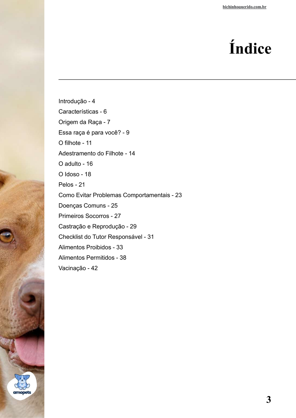 índice do e-book Guia de Como Cuidar do Pitbull